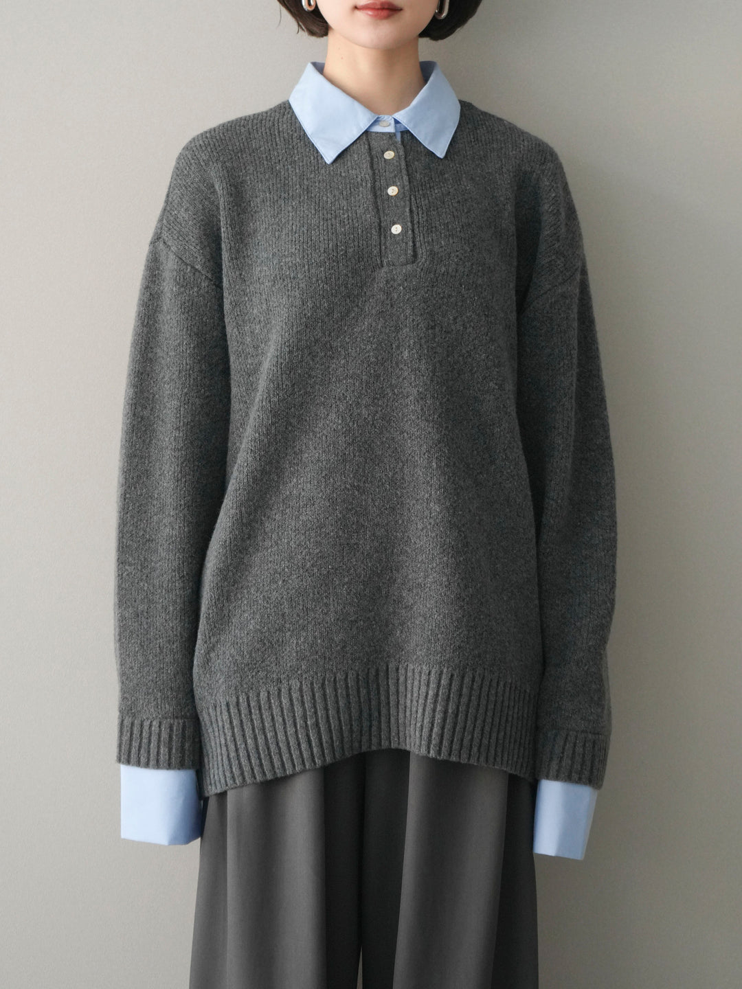 [予約]シャツドッキングオーバーニットプルオーバー/charcoalsax