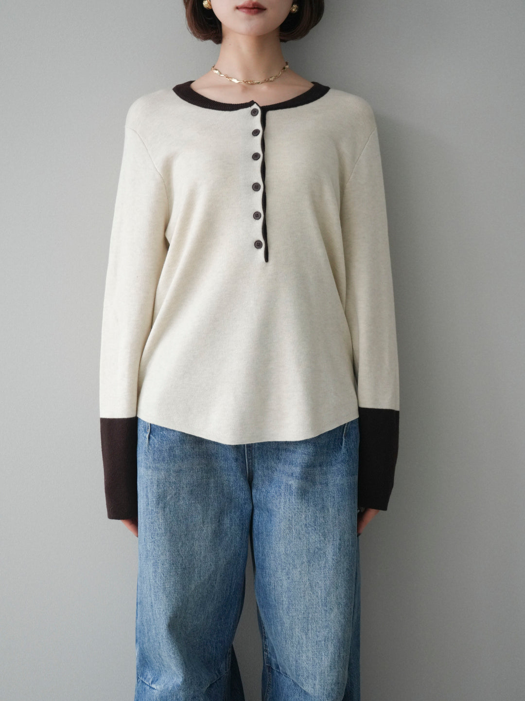 [予約]ヘンリーネック配色ニットソー/beige
