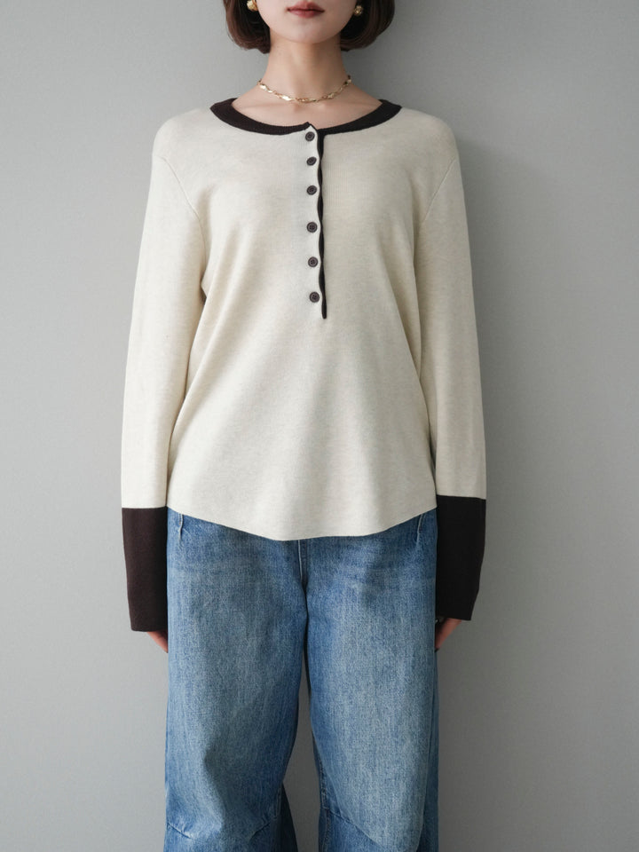 [予約]ヘンリーネック配色ニットソー/beige