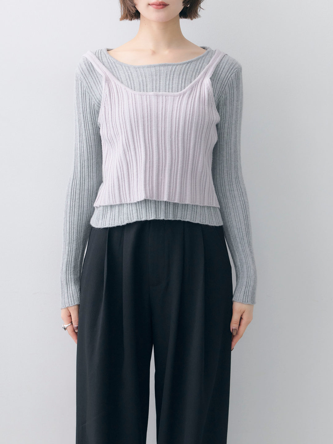 [予約]レイヤードデザインランダムリブニットトップス/gray