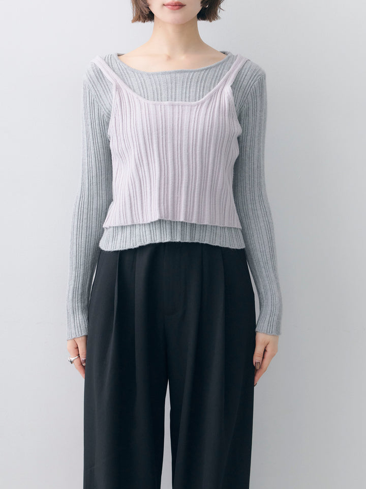 [予約]レイヤードデザインランダムリブニットトップス/gray