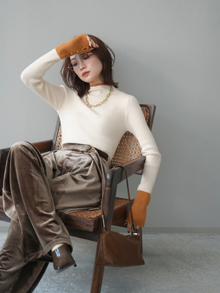 [SET]袖ボタンハイネック配色リブニットトップス+ベロアベルトスリムパンツ(2set)