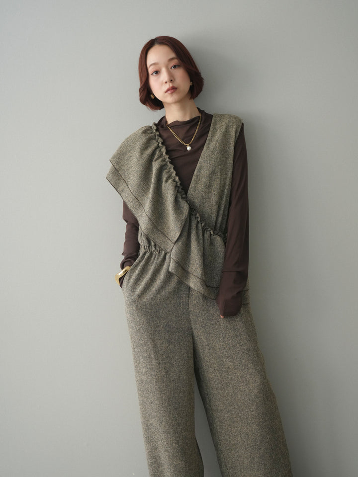 [SET]3WAYミックスツイードギャザーオールインワン+シアープチネックストレッチトップス(2set)