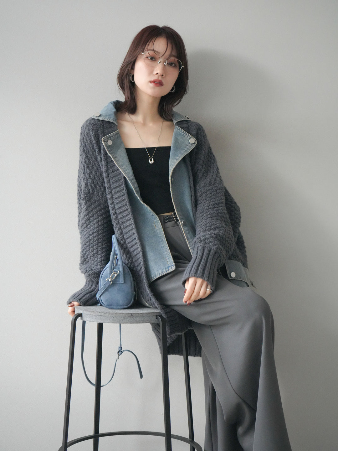 [SET]デニム襟レイヤードニットジャケット+ベルトループデザインワイドパンツ(2set)