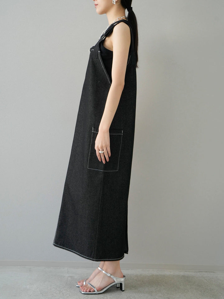 [Pre-order] Color-blocked stitch denim jumper skirt/black