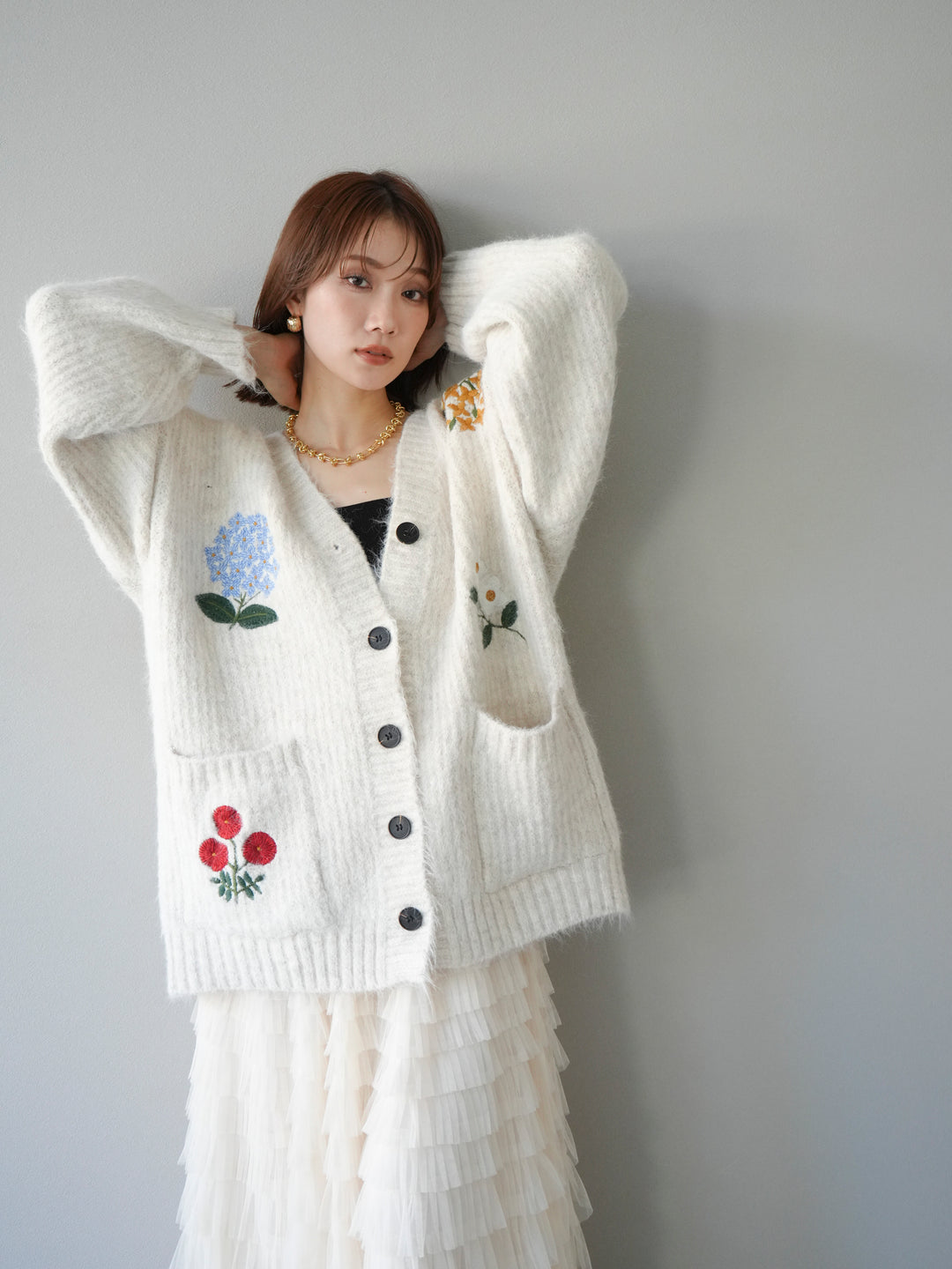 [SET] 花朵刺繡V領寬鬆針織開襟衫 + 薄紗層疊裙 (2套)