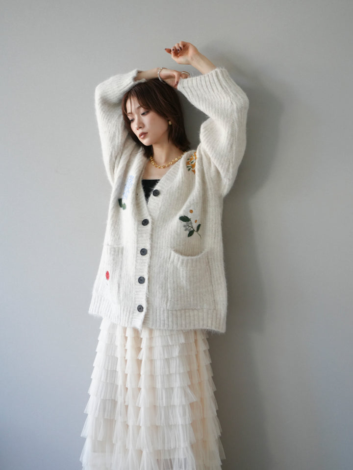 [SET] 花朵刺繡V領寬鬆針織開襟衫 + 薄紗層疊裙 (2套)