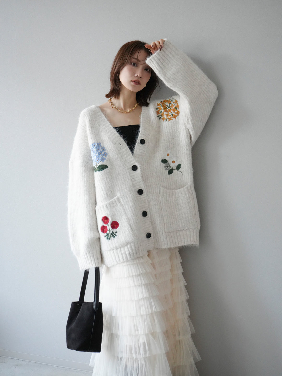 [SET] 花朵刺繡V領寬鬆針織開襟衫 + 薄紗層疊裙 (2套)