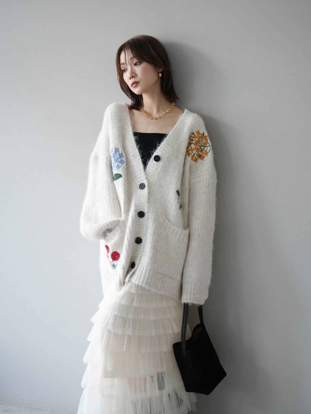 [SET] 花朵刺繡V領寬鬆針織開襟衫 + 薄紗層疊裙 (2套)