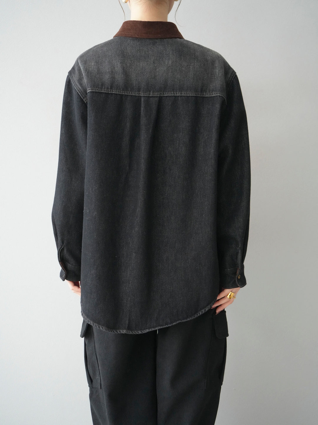 [予約]裏起毛コーデュロイ襟デニムシャツジャケット/black