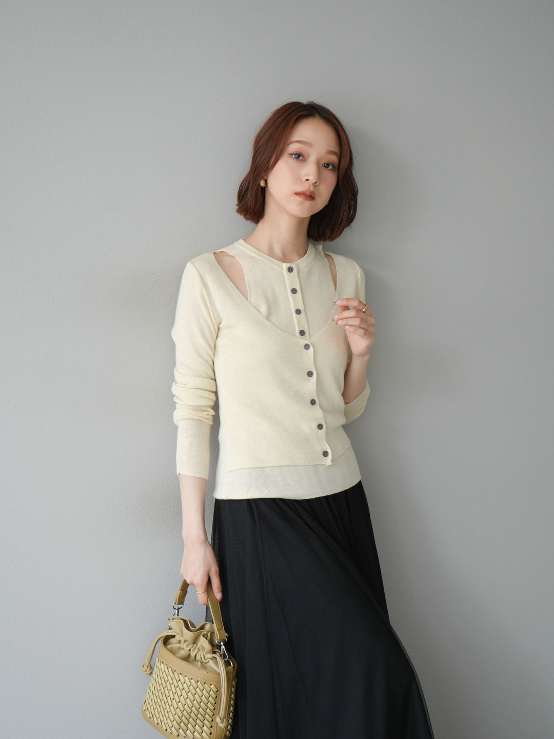 [予約]レイヤードデザインニットカーディガン/アイボリー