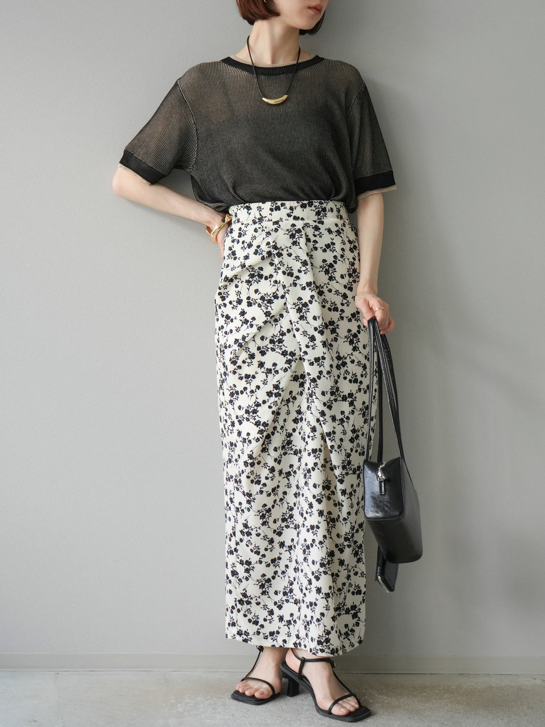 [SET]リネンタッチ配色二重臼ハーフニットトップス+選べるアソート柄スカートセット(2set)