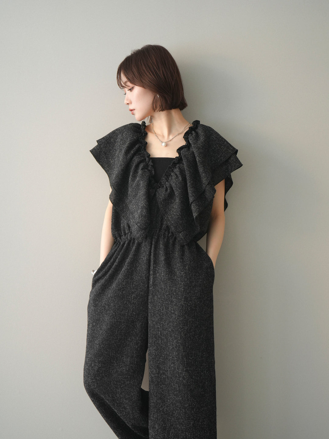 [SET]3WAYミックスツイードギャザーオールインワン+選べるアクセセット(2set)