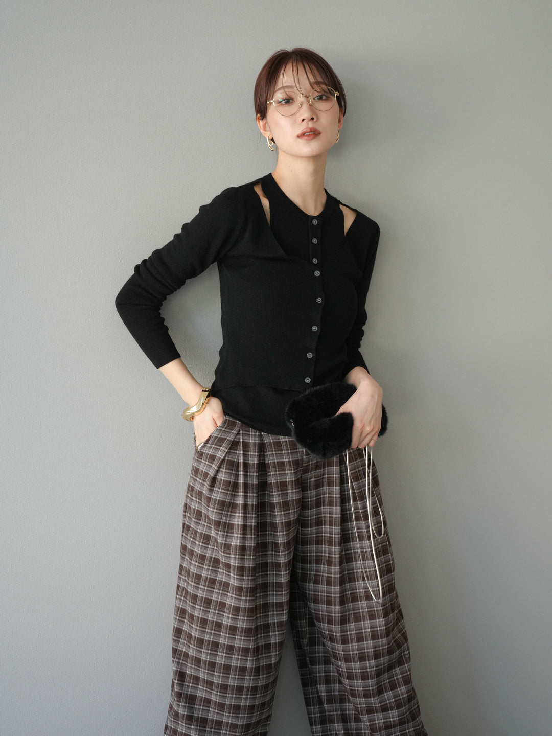 [予約]レイヤードデザインニットカーディガン/ブラック