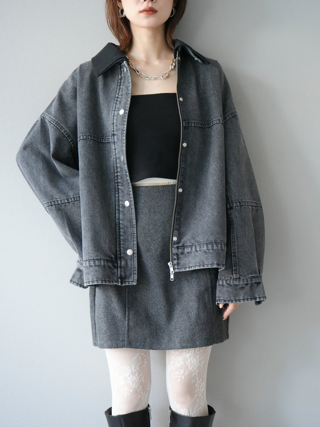 [予約]スウェード襟切替デニムブルゾン/ブラック