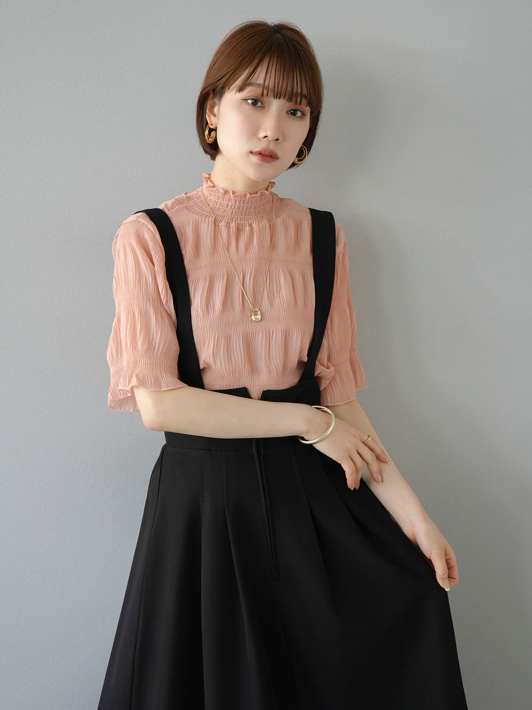 [SET] Shirring chiffon half sleeve blouse + 2WAY flare jumper skirt (2set)