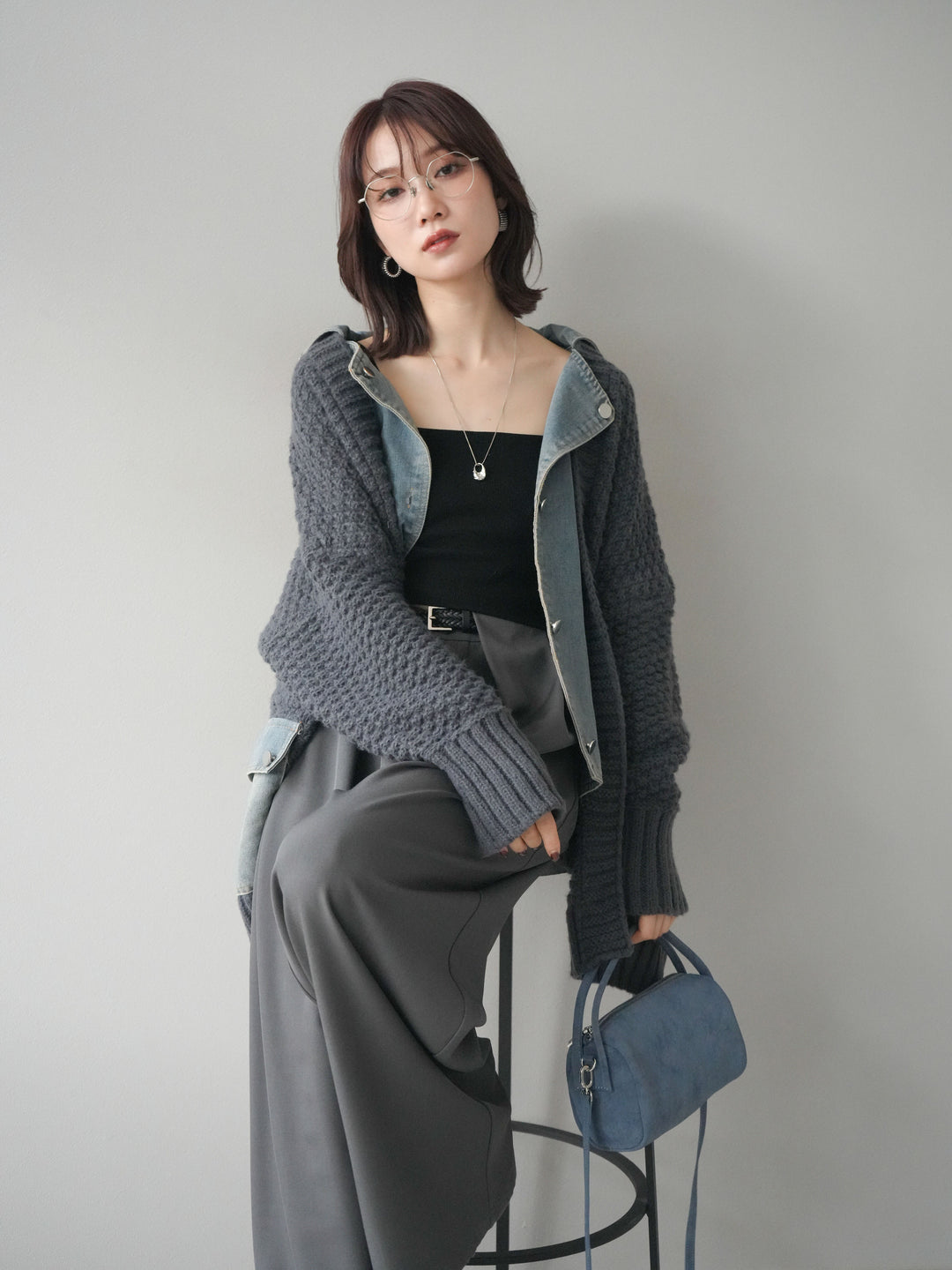 [SET]デニム襟レイヤードニットジャケット+ベルトループデザインワイドパンツ(2set)