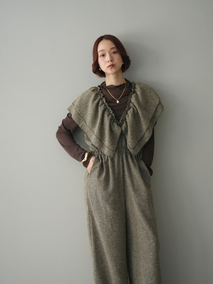 [SET]3WAYミックスツイードギャザーオールインワン+シアープチネックストレッチトップス(2set)