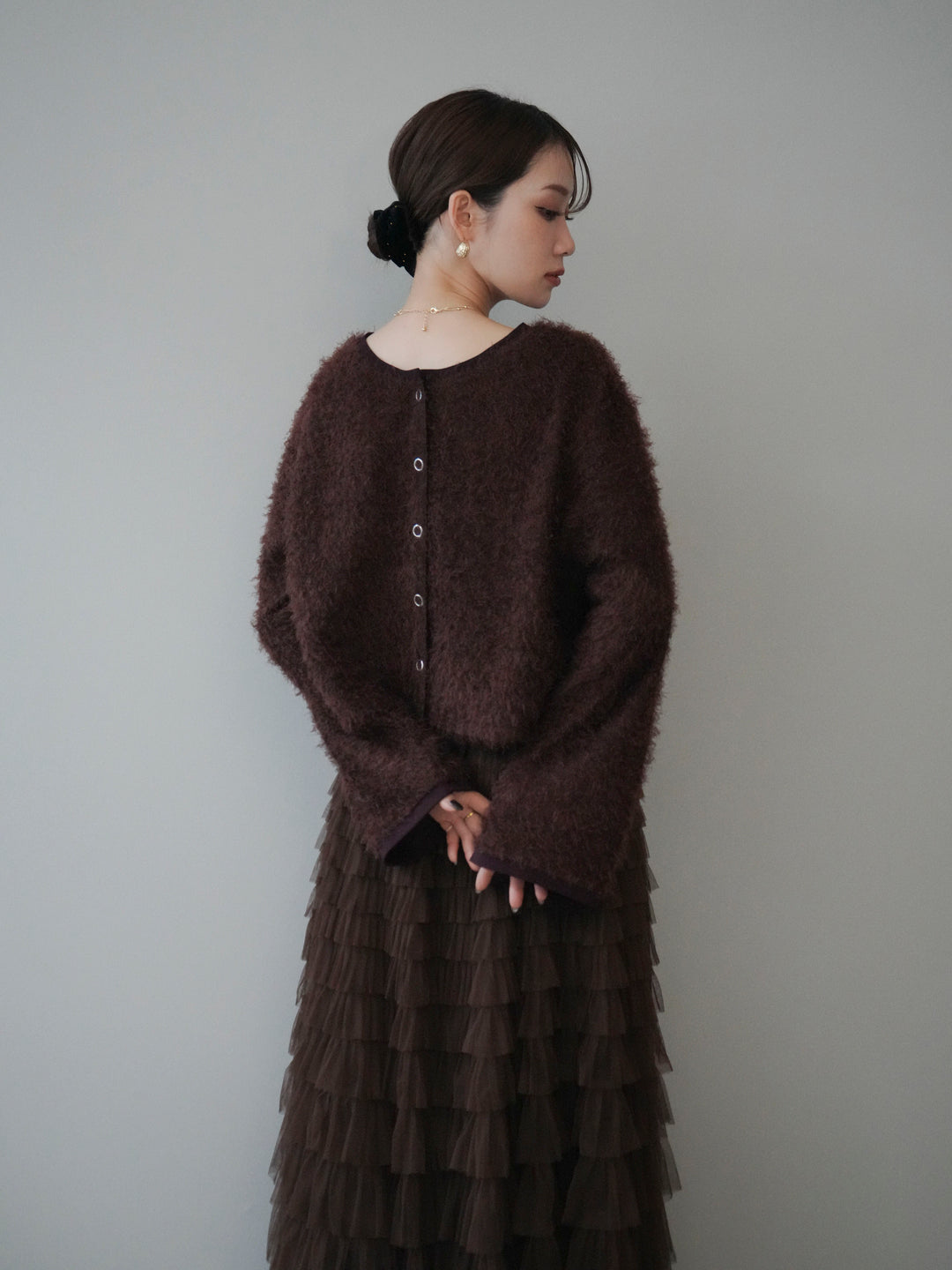 [予約]バイカラー2WAYシャギーニットカーディガン/brown