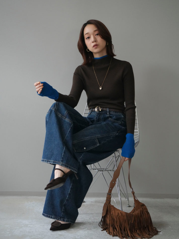 [予約]袖ボタンハイネック配色リブニットトップス/brown