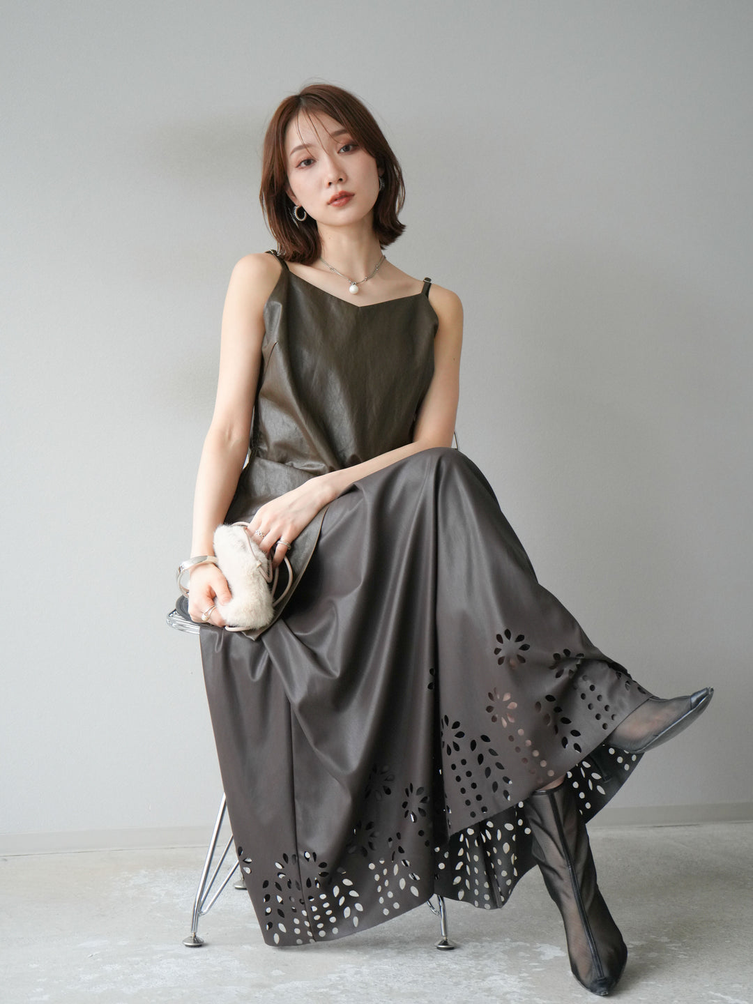 [予約]レイヤードレザーキャミソールチュニック/ブラウン