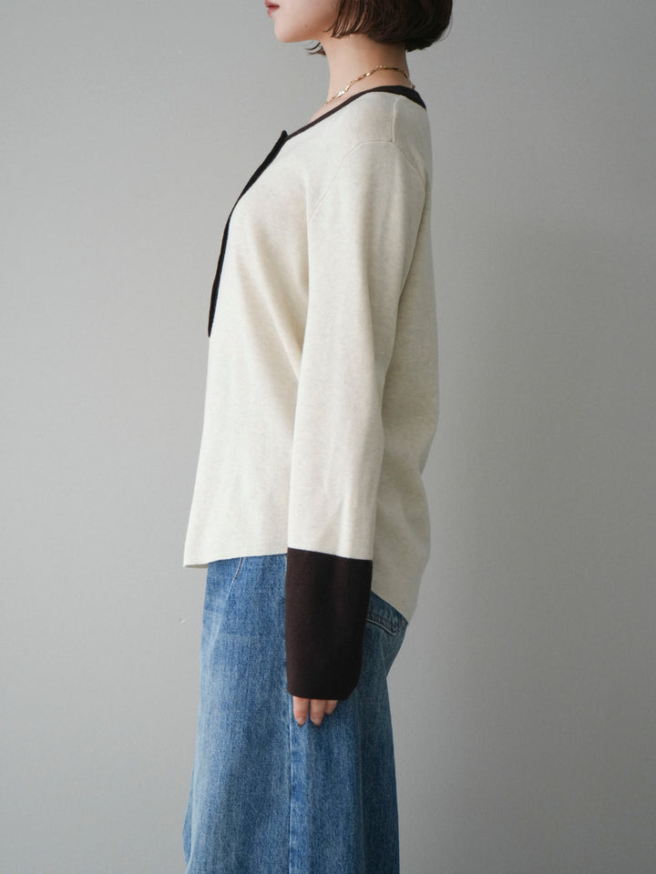 [予約]ヘンリーネック配色ニットソー/beige