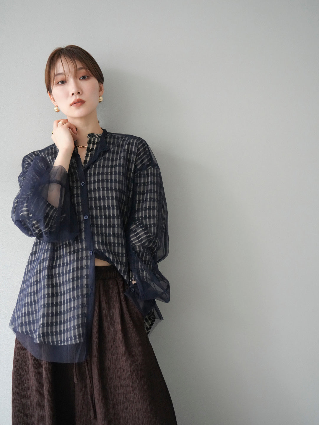 [予約]チェック柄2WAYスリーブバンドカラーシャツ/ベージュブラック