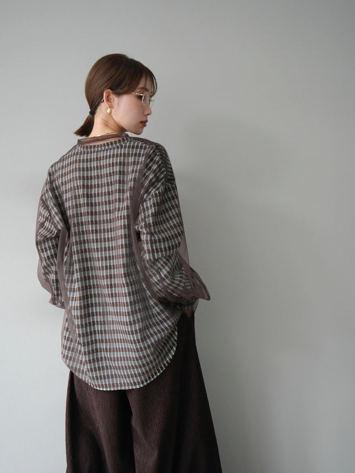 [予約]チェック柄2WAYスリーブバンドカラーシャツ/ブルーブラウン
