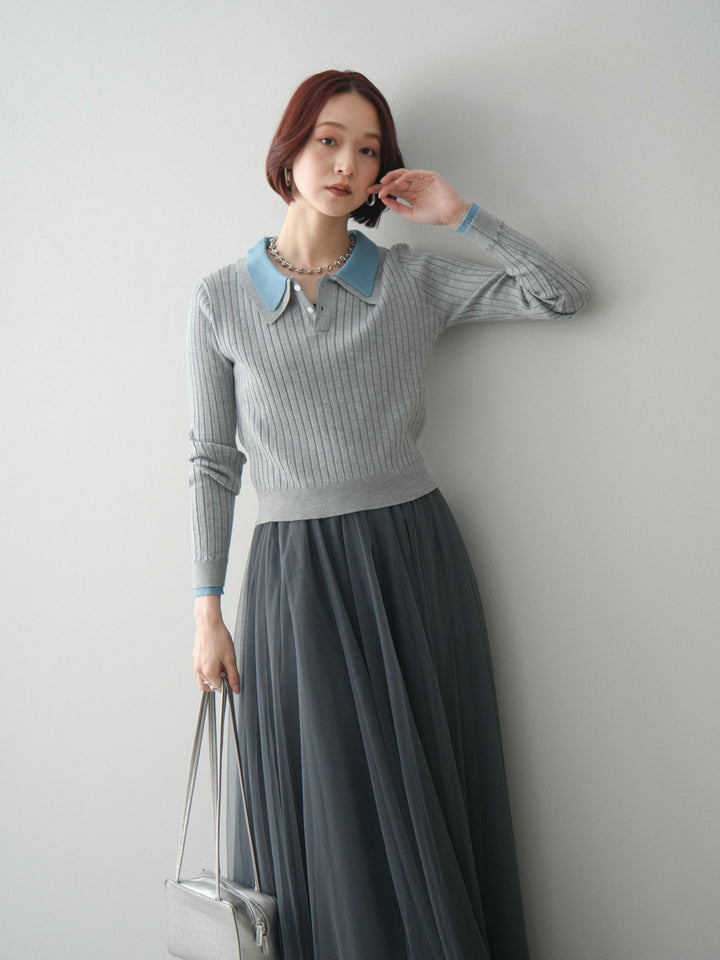 [SET]ダブル襟ポロリブニットトップス+チュールボリュームスカート(2set)