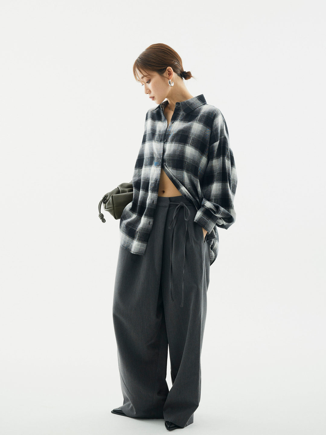 【Allure】[SET]オンブレチェックオーバーシャツ+ラップデザインタックワイドパンツ(2set)