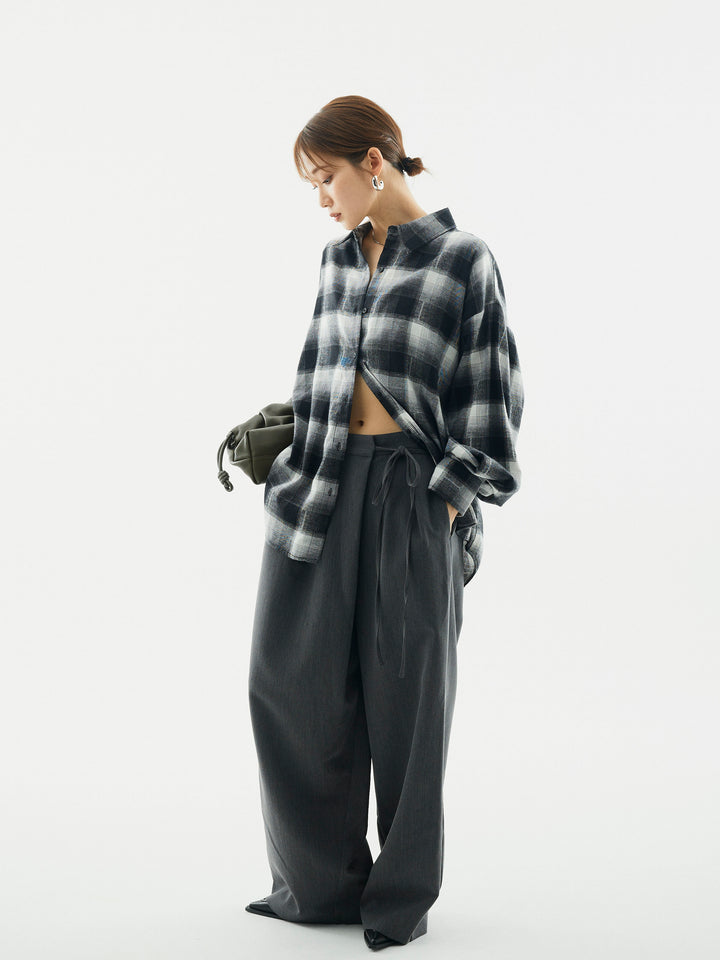 【Allure】[SET]オンブレチェックオーバーシャツ+ラップデザインタックワイドパンツ(2set)