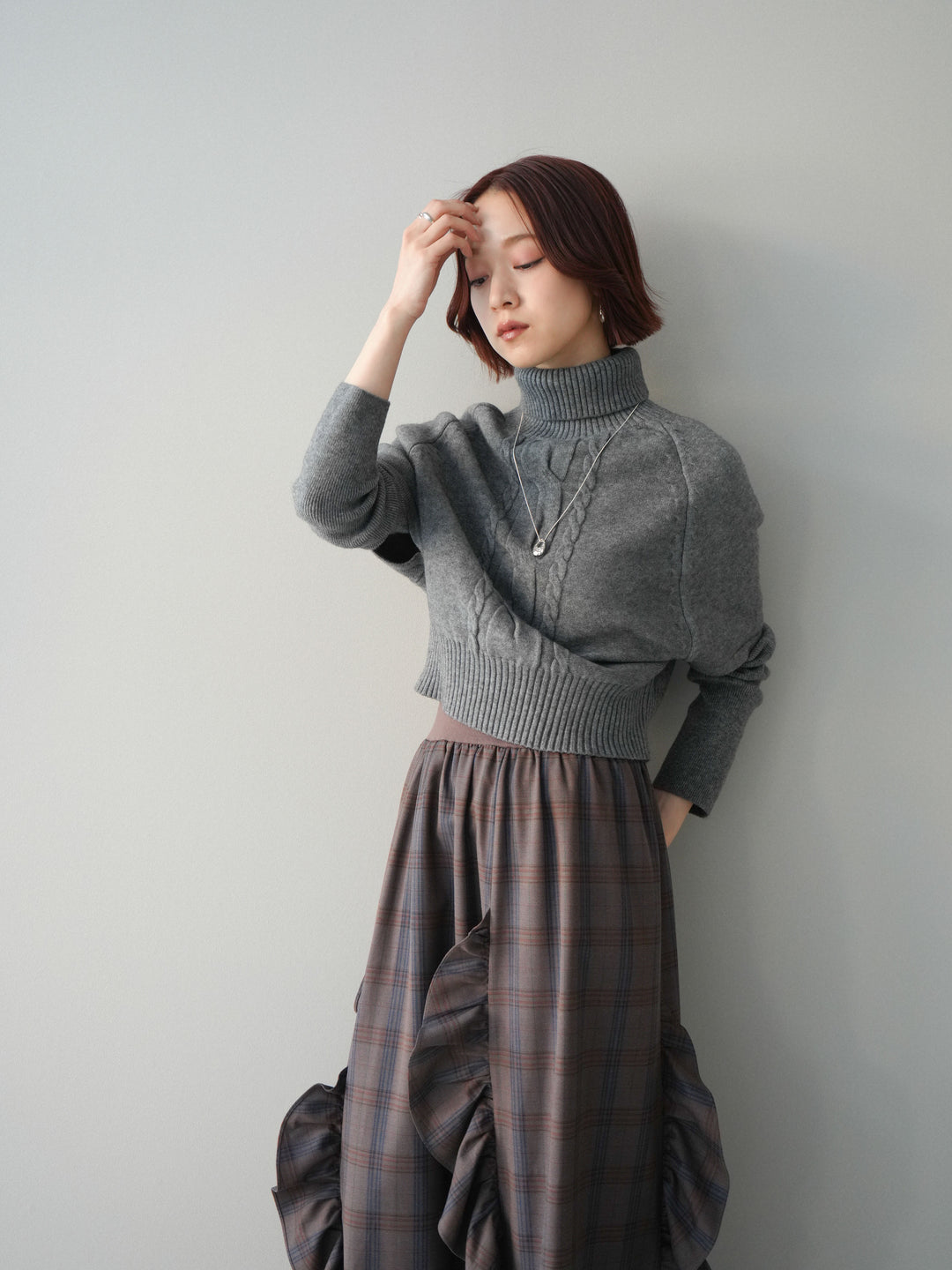 [予約]ケーブル編みタートルハーフスリーブニットアンサンブル/gray