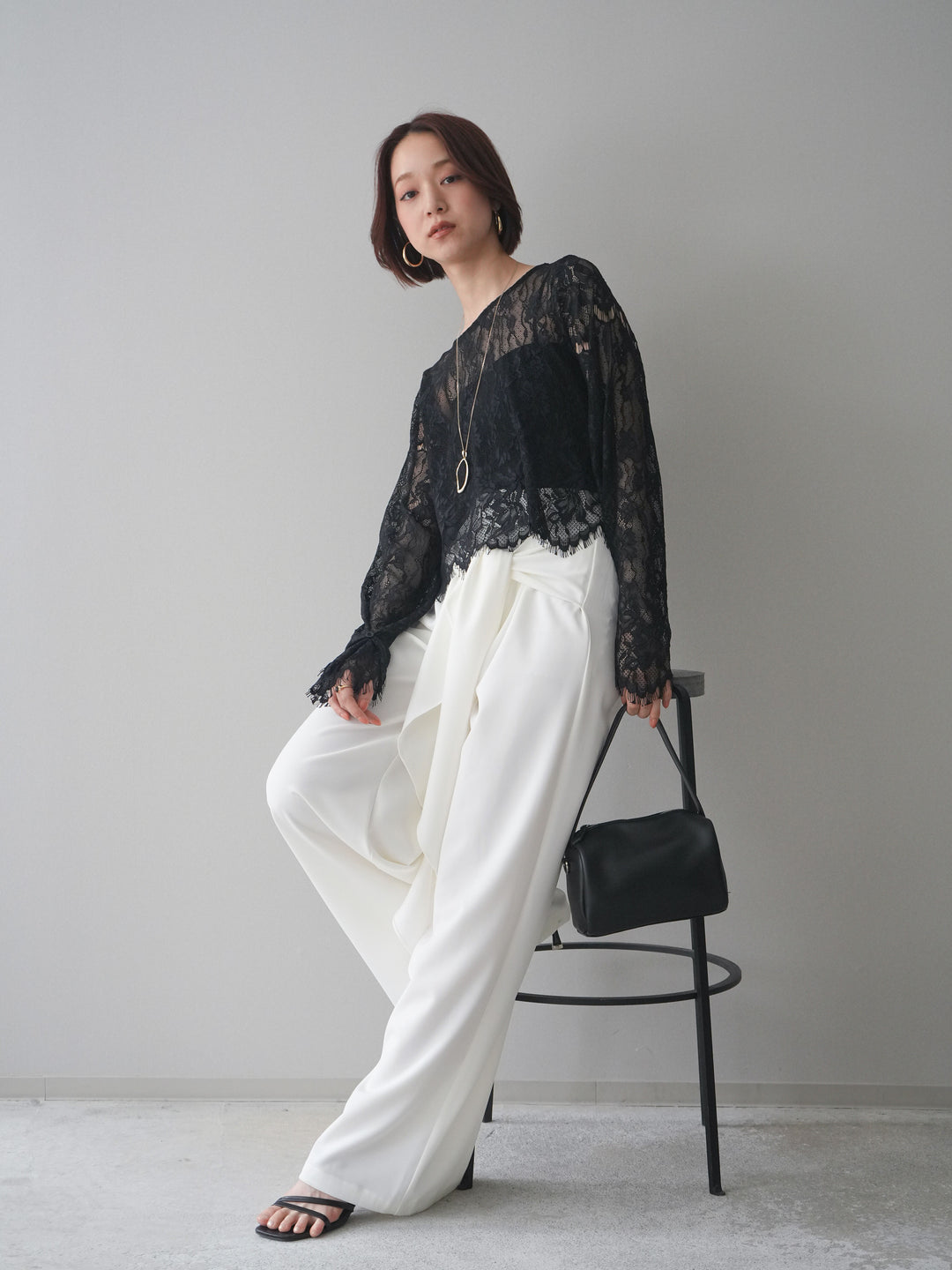 [SET]2WAYスリーブレーストップス+ラッフルベルトワイドパンツ(2set)