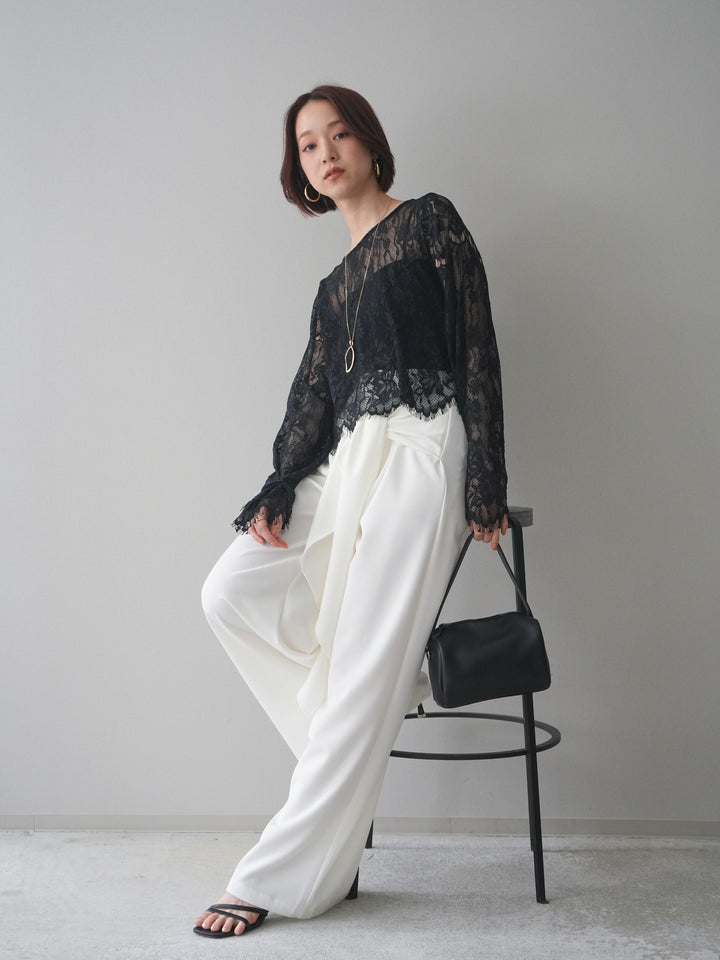 [SET]2WAYスリーブレーストップス+ラッフルベルトワイドパンツ(2set)