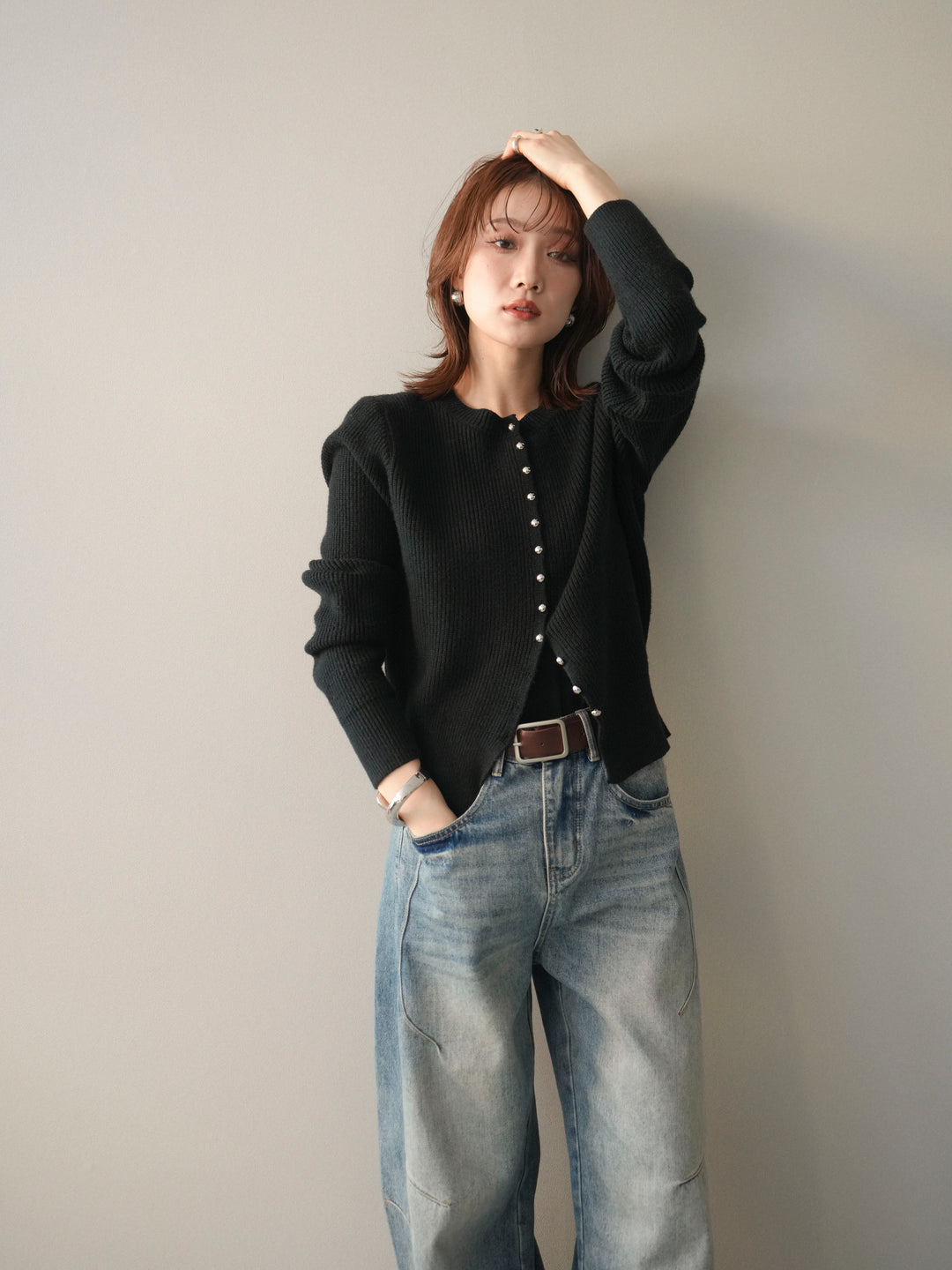 [予約]シルバーボタン畦編みニットカーディガン/black