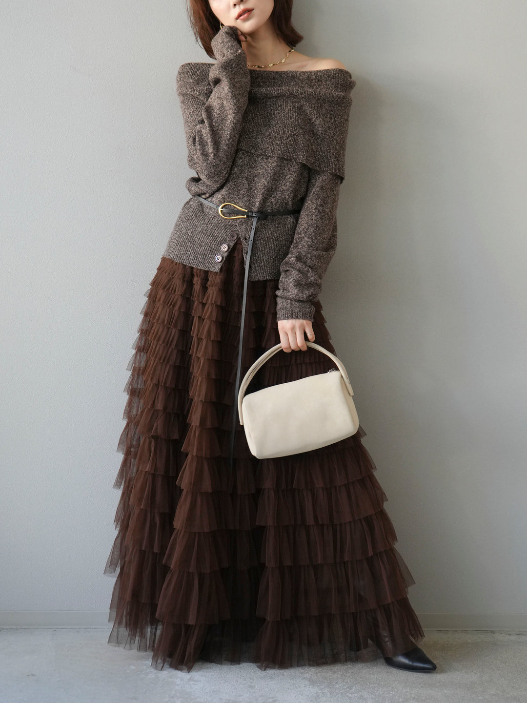 [予約]ミックスヤーンオフショルニットプルオーバー/ブラウン