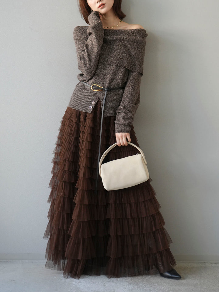 [予約]ミックスヤーンオフショルニットプルオーバー/ブラウン