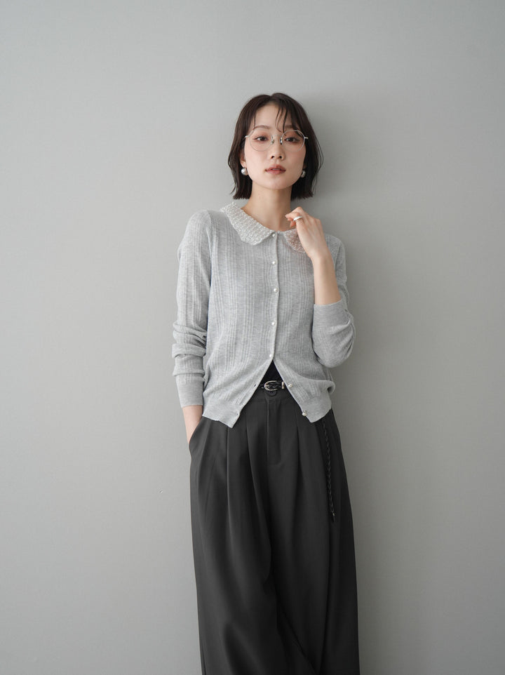 [SET]ビジュー襟パールボタンニットカーディガン+編み込みベルト付タックワイドパンツ(2set)