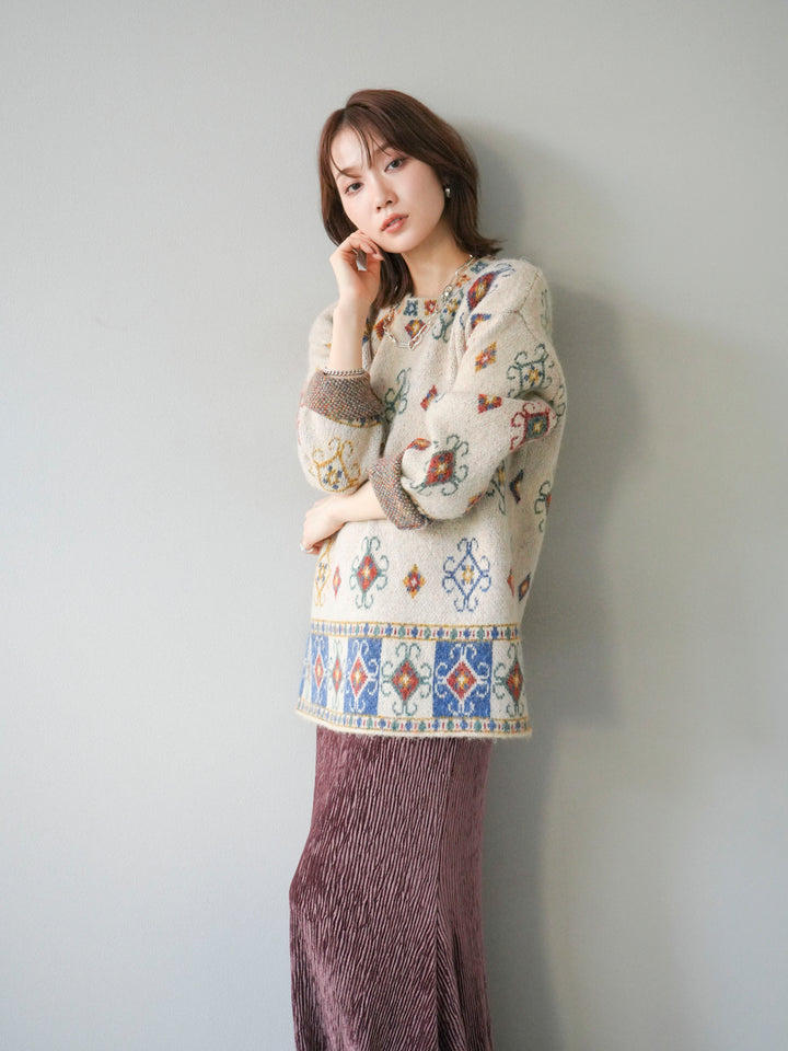 [予約]ヴィンテージ柄オーバーニットプルオーバー/アイボリー