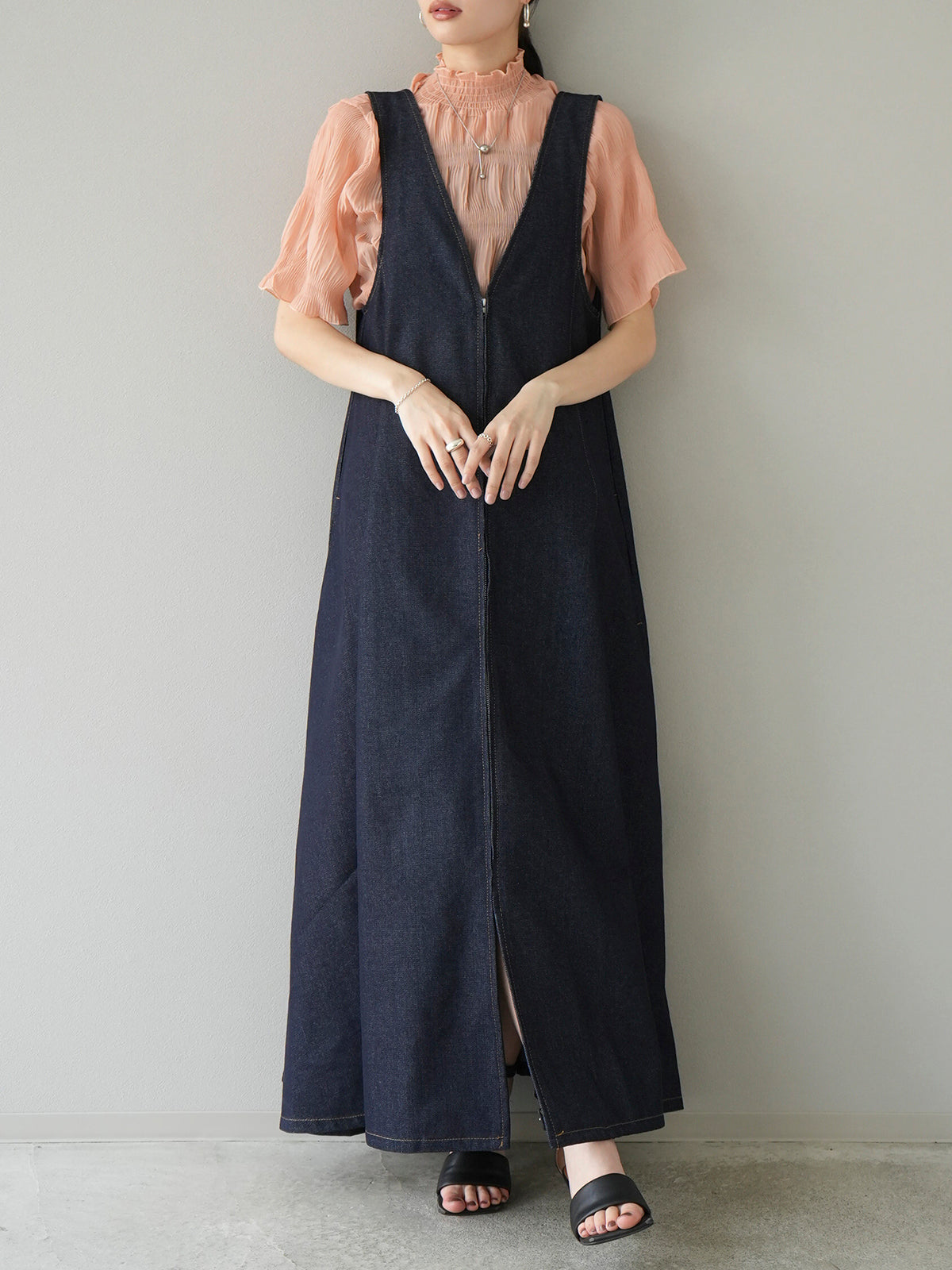予約]シャーリングシフォンハーフスリーブブラウス/コーラルピンク