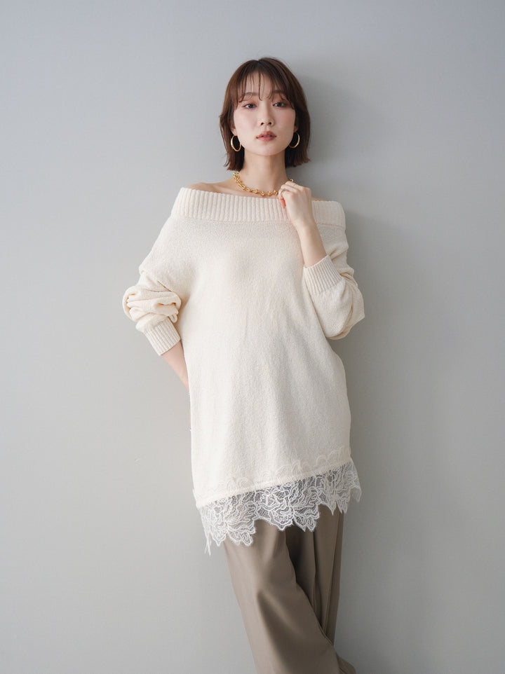 [SET]アシンメトリーレースヘムニットプルオーバー+ベルト付キーホルダーモチーフワイドパンツ(2set)