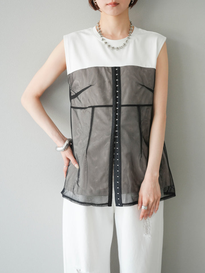 [預訂] 薄紗對接鉤設計剪裁套頭衫/脫下