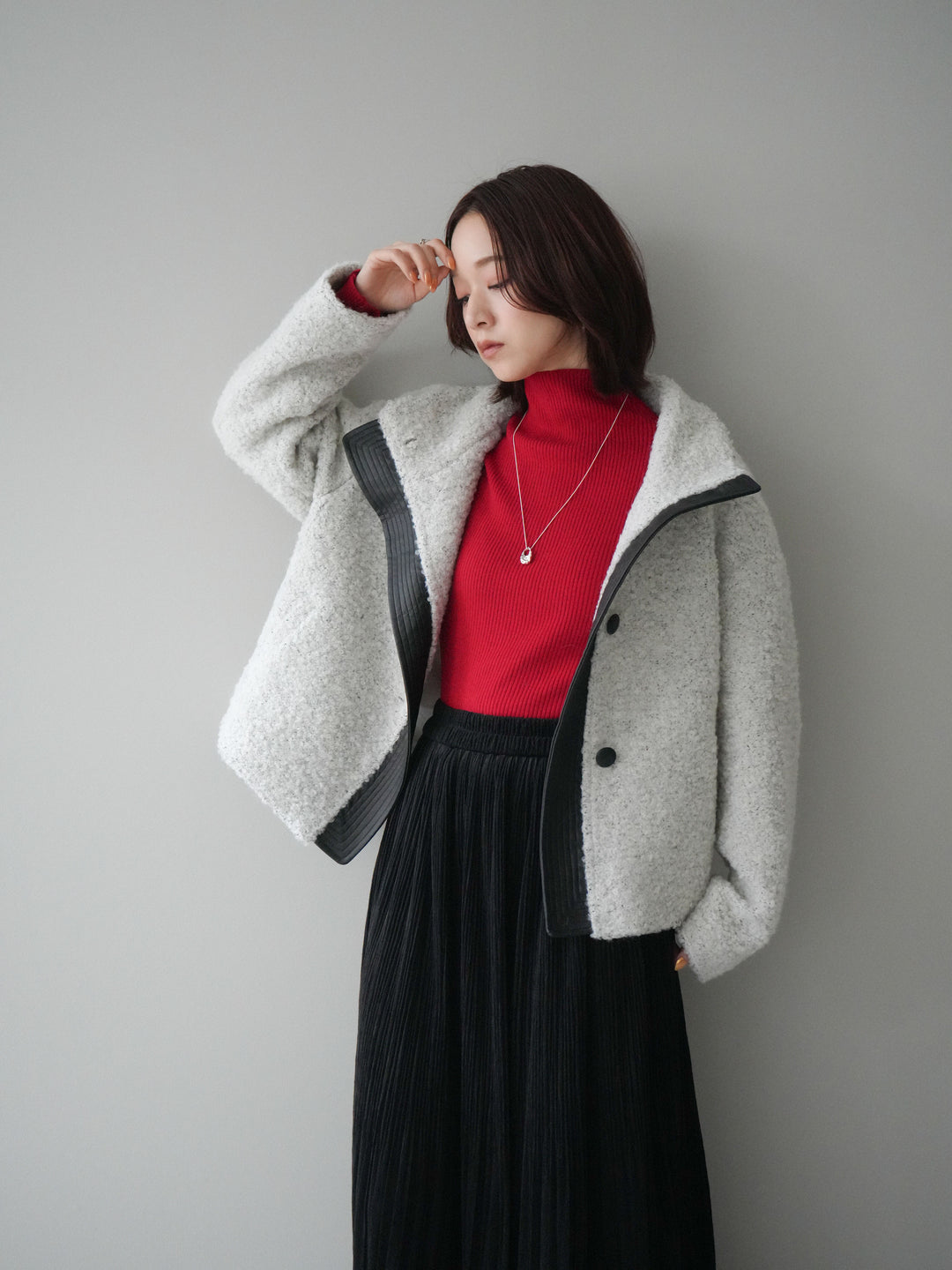 [SET]レザー切替ブークレブルゾン+裾レーススウェードプリーツマキシスカート(2set)