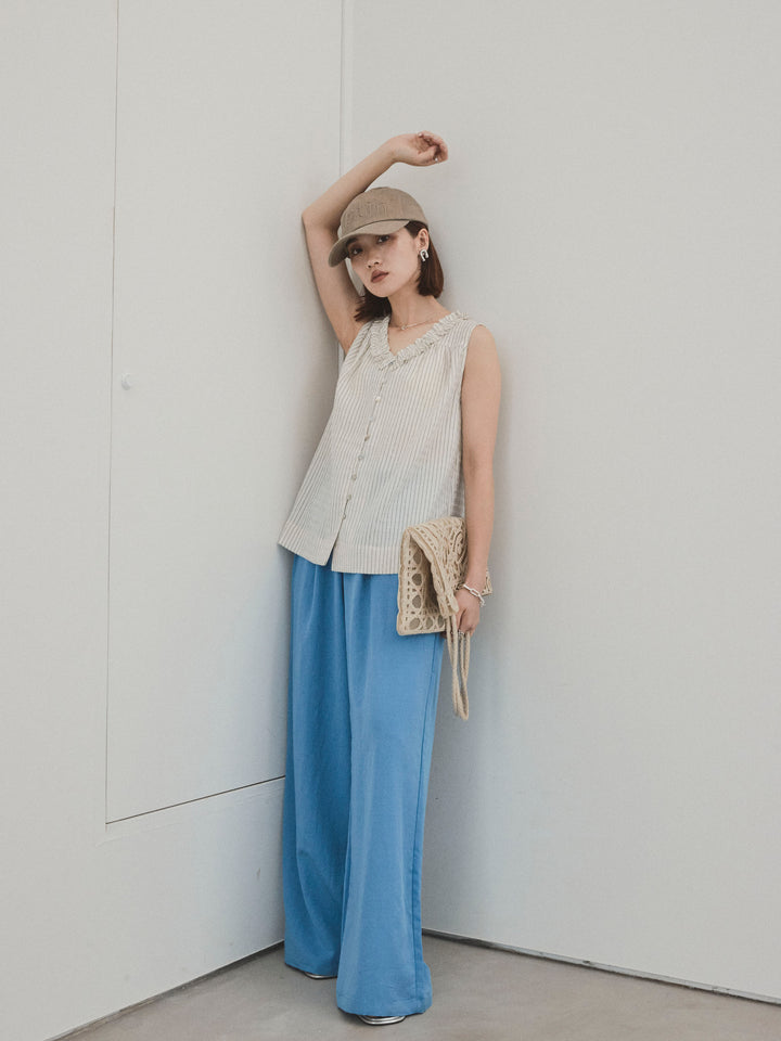 [SET] 條紋荷葉邊襯衫 + 亞麻觸感褶皺寬褲 (2 件套)