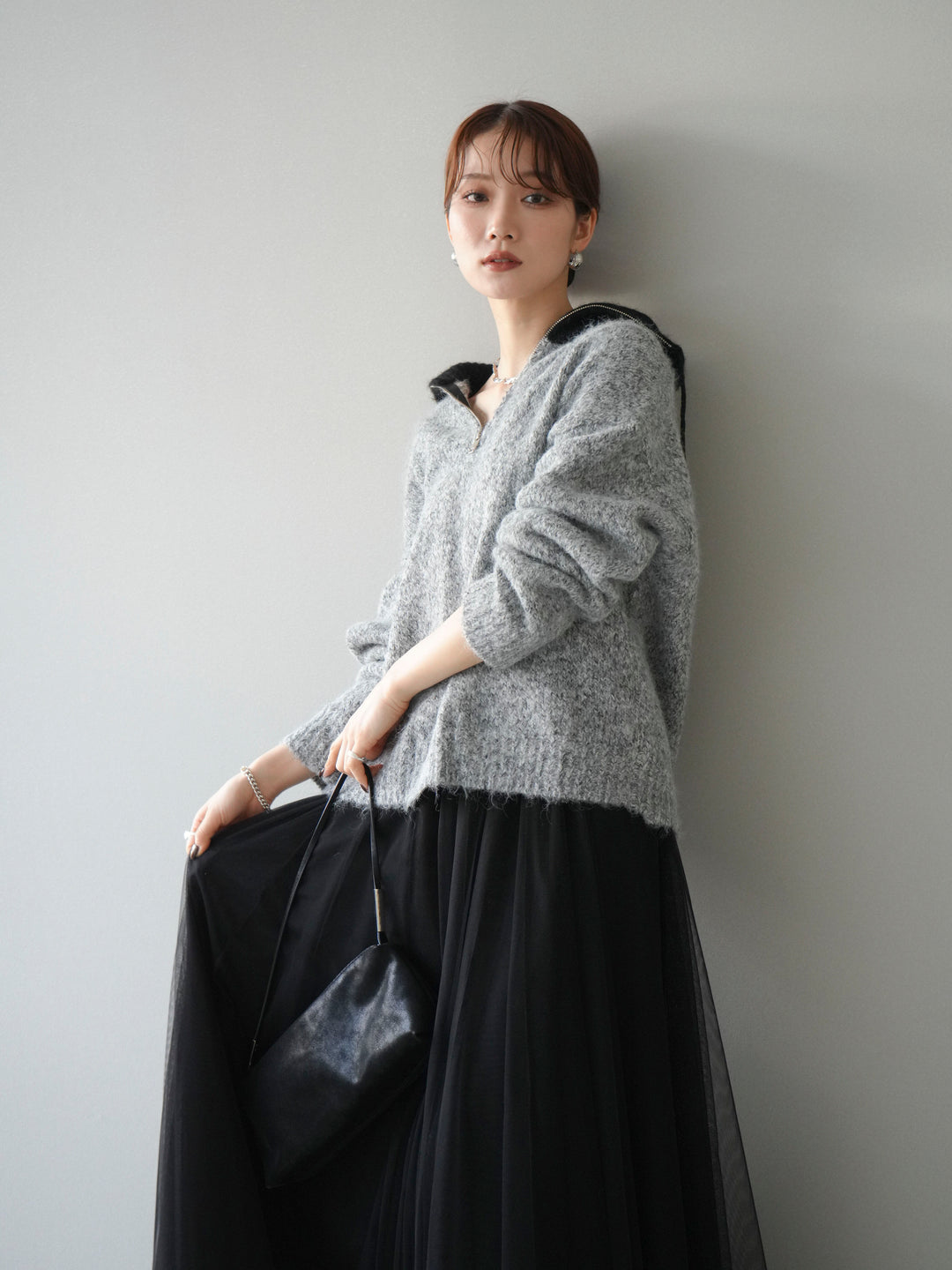 [予約]バイカラージップニットプルオーバー/gray