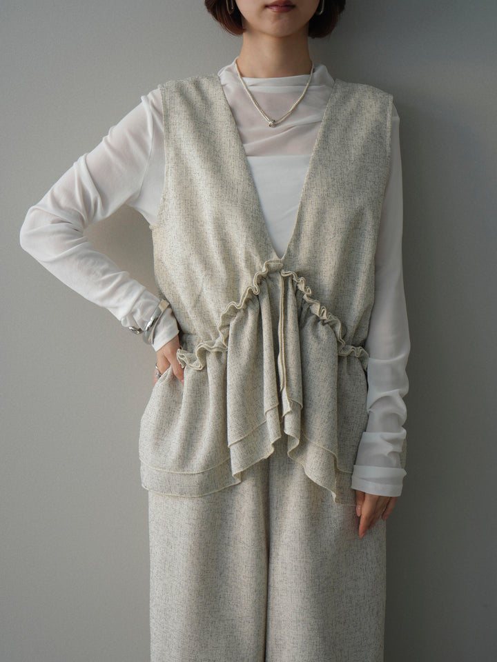 [SET]3WAYミックスツイードギャザーオールインワン+シアープチネックストレッチトップス(2set)