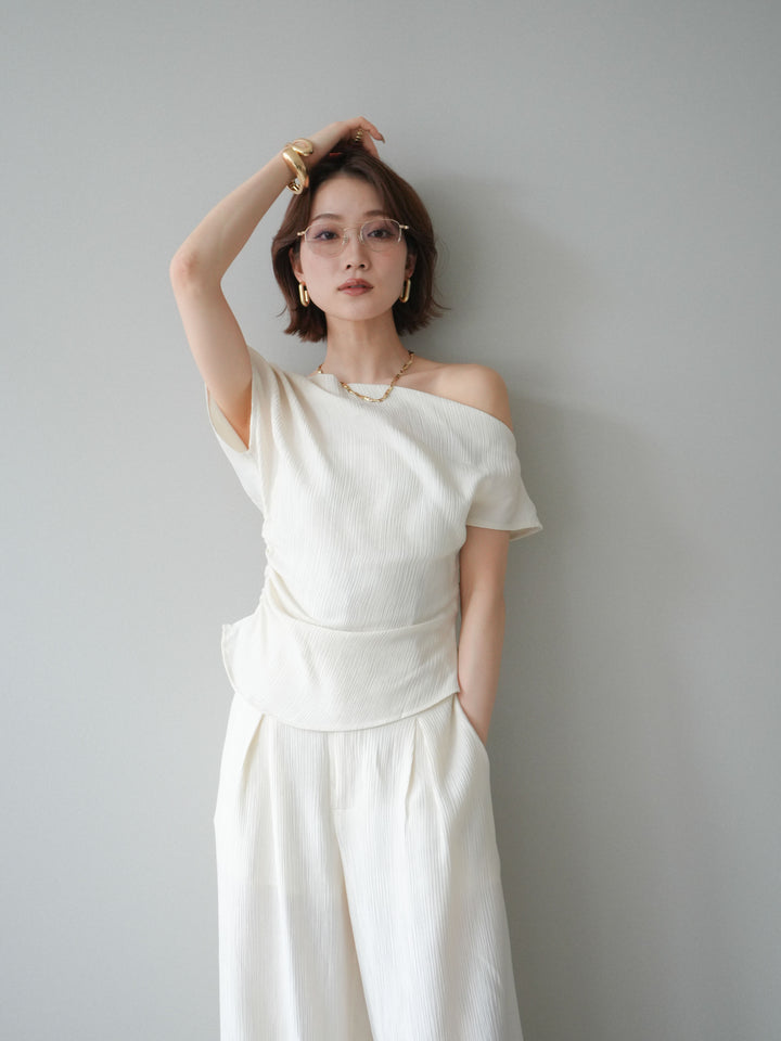 [予約]クレープアシンメトリーギャザートップス/white