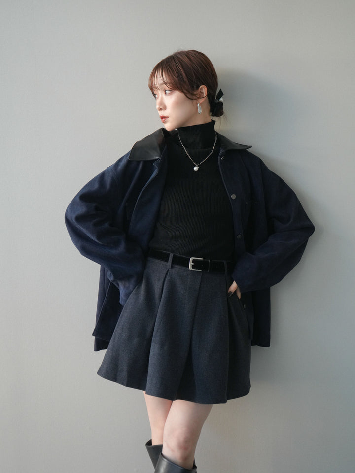 [SET]襟レザーステンカラースエードジャケット+袖ボタンボトルネックリブニットトップス(2set)