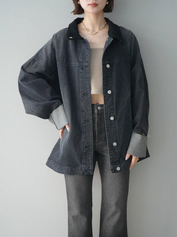 [SET]コーデュロイ×デニムミドルジャケット+フレアデニムパンツ(2set)