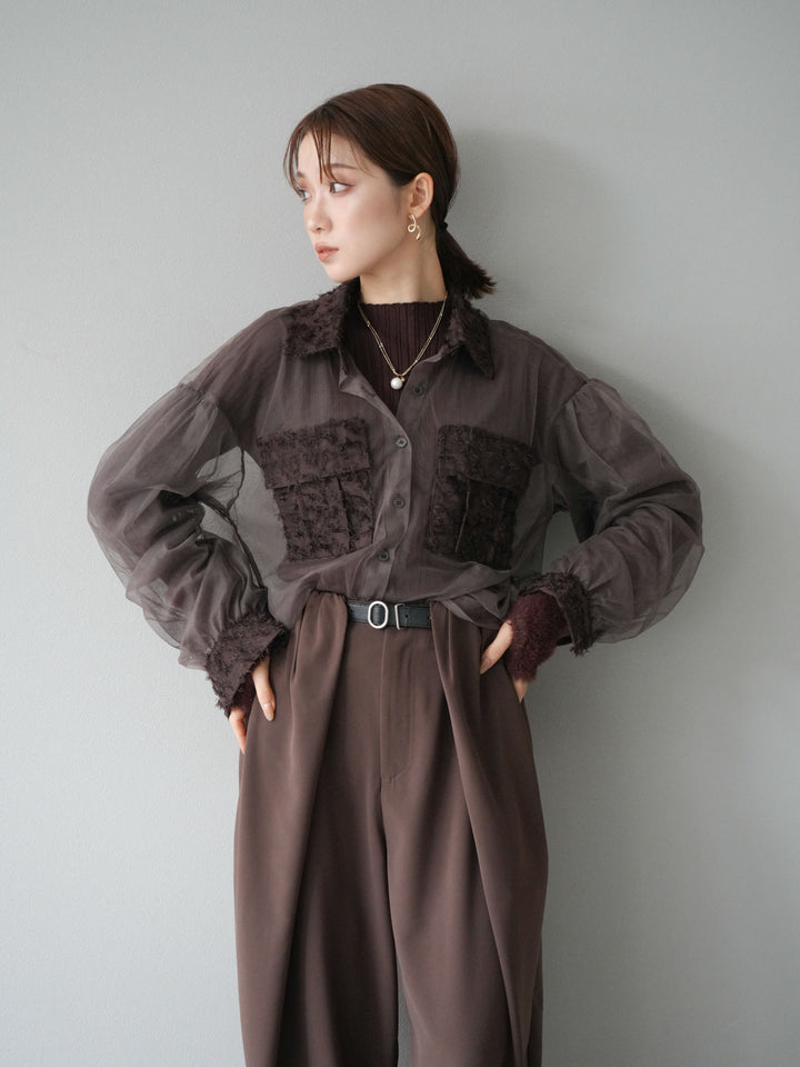 [SET]フリンジジャガード×チュールレイヤードシャツ+アームシャギーランダムリブニットトップス+ベルト付タックワイドパンツ(3set)